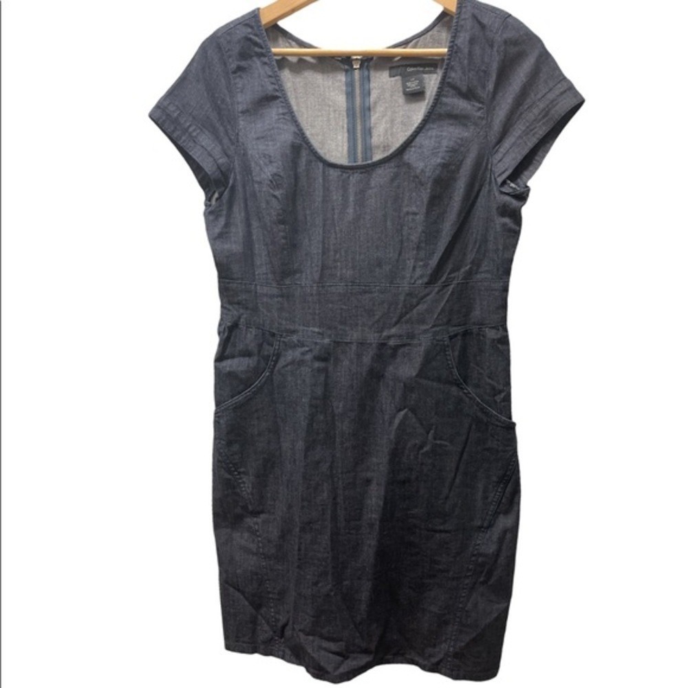 Calvin Klein Jeans Dress Womens L Sheath Blue Denim Cap Sleeve Exposed Zip EUC